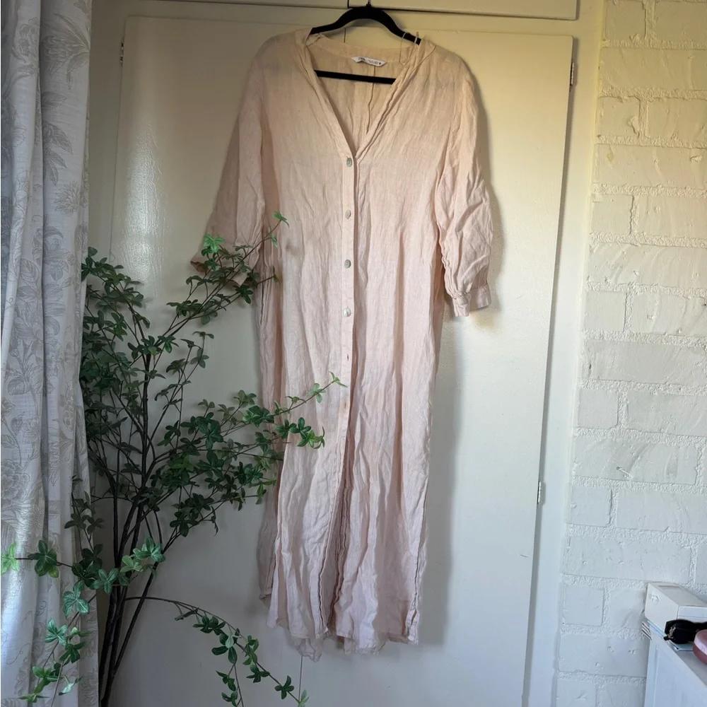 NWOT Zara Linen Oversized Beige Midi Tunic Dress - Picture 2 of 7